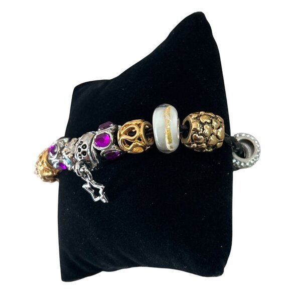 Pandora 925 Black Leather Charm Bracelet With Mixed Beads Glass & Stud Accents - Picture 2 of 7